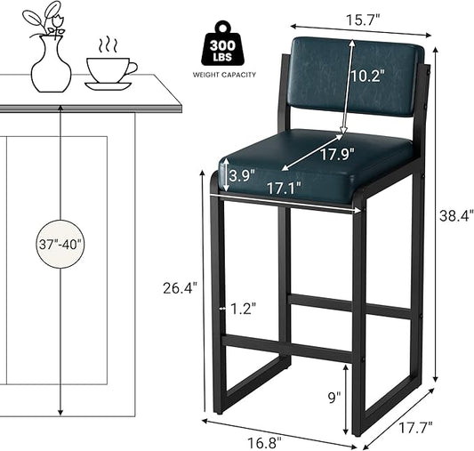 Bar Stools Set of 3, Faux Leather Counter Height Bar Stools with High Back and Metal Legs, Upholstered Bar Chairs, 26" Modern Barstools for Kitchen Island, Dark Blue