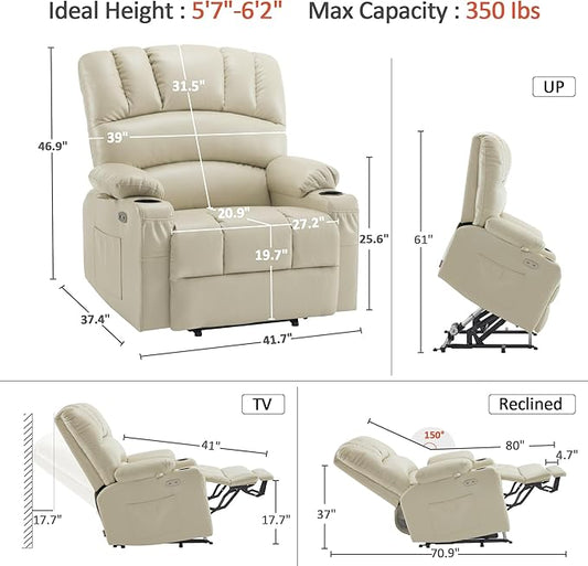 MCombo Oversized Power Lift Recliner Chair for Elderly, Lift Chair with Heat and Massage, Lift Recliner for Big and Tall, Cup Holders, USB &Type C Ports, Faux Leather R7092 (Cream White, Oversize)