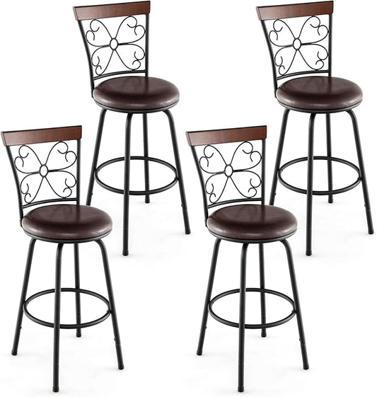 COSTWAY Bar Stools for Kitchen Island, 24/30 Inch Adjustable Seat Height Swivel Barstools Set of 4, Cushioned Seat & Cozy Backrest, Extra Leg Tubes for Height Adjustment, for Kitchen, Bar (4)