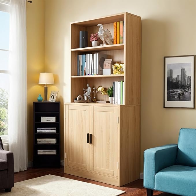 75" Tall Bookcase with Doors, 5 Tier Large Bookshelf with Cabinet, Standing Wood Display Book Shelf for Living Room, Office, Library with Doors, Oak