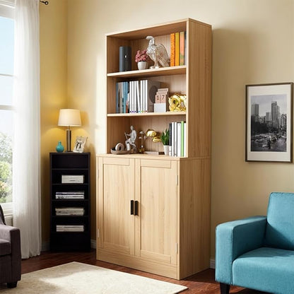 75" Tall Bookcase with Doors, 5 Tier Large Bookshelf with Cabinet, Standing Wood Display Book Shelf for Living Room, Office, Library with Doors, Oak