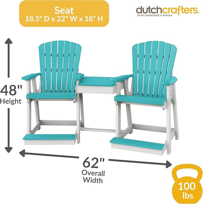 DutchCrafters Plastic Poly Outdoor Bistro Set with 2 Chairs and Attached Center Table, 3 Piece Patio Furniture Set - Amish Made in USA (White & Aruba Blue)