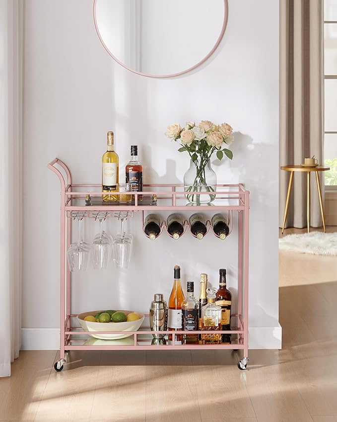 VASAGLE Bar Cart Gold, Home Bar Serving Cart, Wine Cart with 2 Mirrored Shelves, Wine Holders, Glass Holders, for Kitchen, Dining Room, Rose Gold ULRC090A07