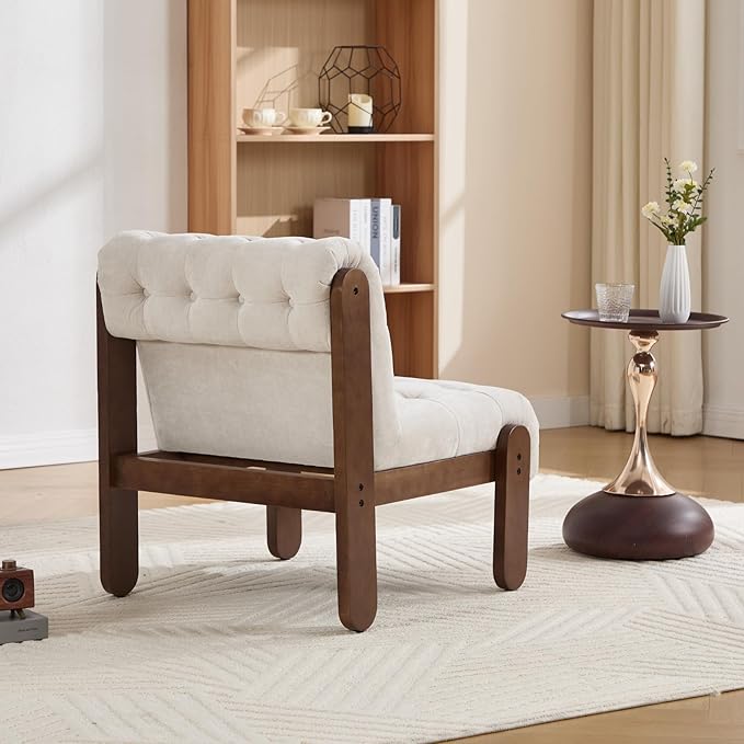 HEAH-YO Accent Chair Set of 1,Modern Vintage Living Room Chair for Bedroom with Button Tufted Back and Wood Legs,Upholstered Comfy Reading Chair for Makeup Vanity Cafe,Chenille Beige