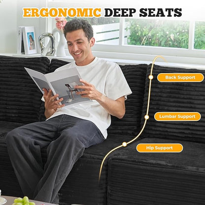 113" Modular Sectional Sofa, Convertible L-Shaped Cloud Couches for Living Room with Ottoman, 4 Seater Corduroy Boneless Couch Sofas Set, No Assembly Required, Black 1 PCS