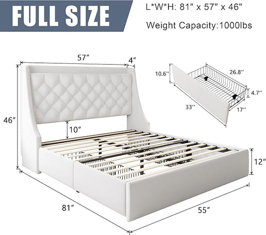 Full Size Upholstered Platform Bed Frame with 4 Storage Drawers and Charging Station, Linen Button Tufted Wingback Headboard, Sturdy Wooden Support Slats, No Box Spring Needed, White