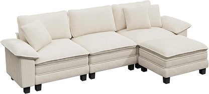 PHI VILLA Cloud Modular Couch Sets, 123.6" Sectional Sofa with L-Shaped Chaise, 4-Seater Upholstered Couches with Movable Ottoman for Living Room, Corduroy Fabric, Beige