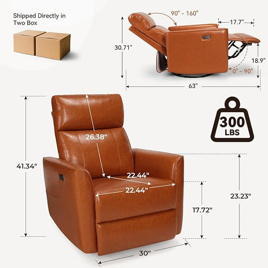 Himimi Power Recliner Chair, Swivel Recliner Chair for Adults, Glider Recliner Nursery Chair with Massage and Heat, Faux Leather, Side Pocket, USB Charging, Living Room, Bedroom, Orange-Brown