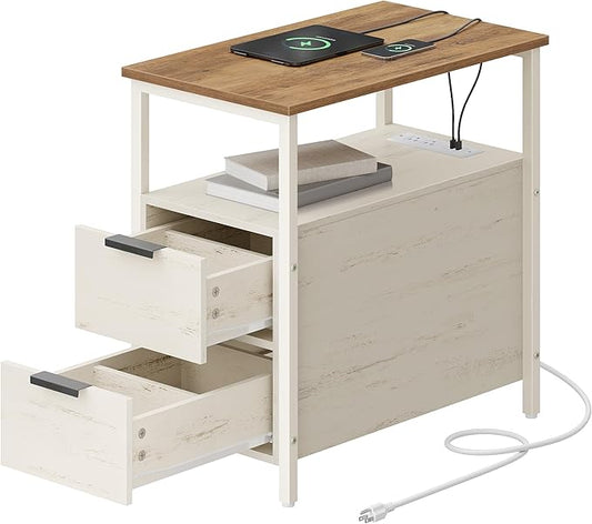 VASAGLE Side End Table with Charging Station, Slim Nightstand with 2 Drawers, Narrow Bedside Table for Living Room, Small Spaces, Honey Brown and Rustic White ULET321W01S