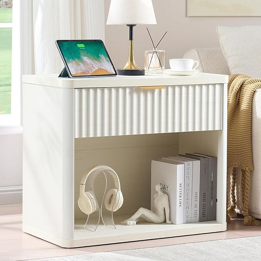 LEYAOYAO 31" Wide Fluted Nightstand with Charging Station, Oversized Extra Large 1 Drawer Night Stand with Golden Handle, White Wood Bedside Table Tall End Tables,for Bedroom, Living Room, Hallway