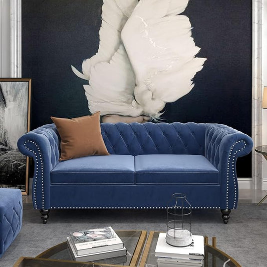 Chesterfield Loveseat Sofa, Modern Velvet Small Sofa Couch 2 Seater with Rolled Arms and Nailhead, Mid Century Modern Loveseat Couch for Small Spaces Living Room Bedroom Apartment, Blue
