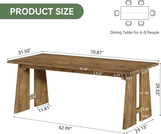 70.87" Dining Table, Solid Wood Kitchen Table for 6-8, Modern Rectangle Kitchen and Dining Room Furniture with Heavy Duty Legs, Wood Brown