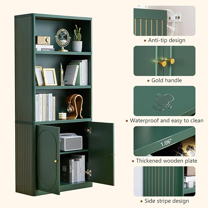 70.8" Tall Fluted Bookshelf with Storage Cabinet Set of 2, Modern 5-Tier Wood Bookcase with Open Display Storage Shelf, Gold Handles for Office Living Room (Green)