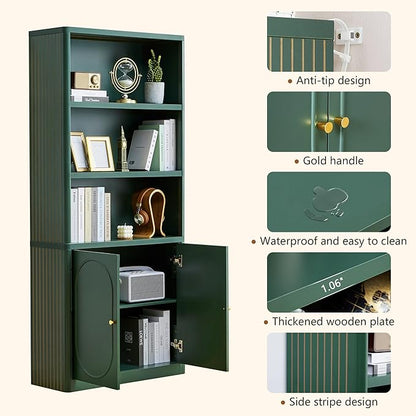 70.8" Tall Fluted Bookshelf with Storage Cabinet Set of 2, Modern 5-Tier Wood Bookcase with Open Display Storage Shelf, Gold Handles for Office Living Room (Green)