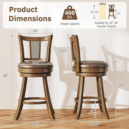 COSTWAY Counter Height Barstools Set of 2, 25” Solid Rubber Wood Swivel Counter Chairs with Faux Leather Seat, Curved PE Rattan Back, for Living Room & Kitchen Island, Brown (2, 25” Seat Height)