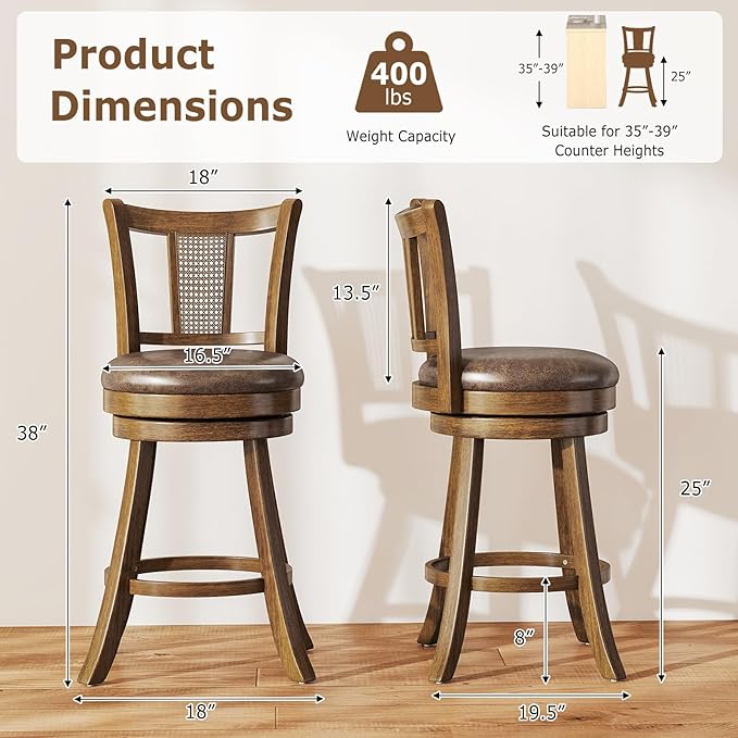 COSTWAY Counter Height Barstools Set of 4, 25” Solid Rubber Wood Swivel Counter Chairs with Faux Leather Seat, Curved PE Rattan Back, for Living Room & Kitchen Island, Brown (4, 25” Seat Height)