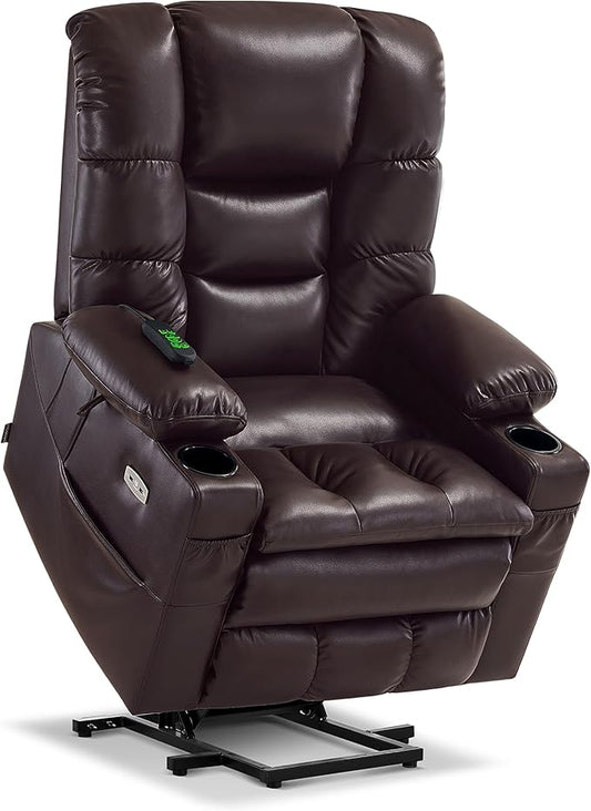 MCombo Large Triple Motor Power Lift Recliner Chair with Massage and Dual Heating, Adjustable Headrest for Tall Elderly People, Faux Leather 7634 (Dark Brown, Large)