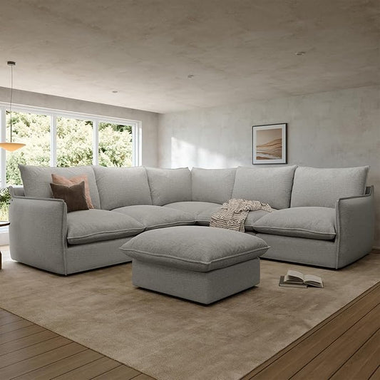 Waterproof Cloud Sectional Couches for Living Room,High Backrest Down Filled Couch,6 Seater Oversized Modular U-Shaped Sofas with Ottoman,Detachable Sofa Covers,Light Grey