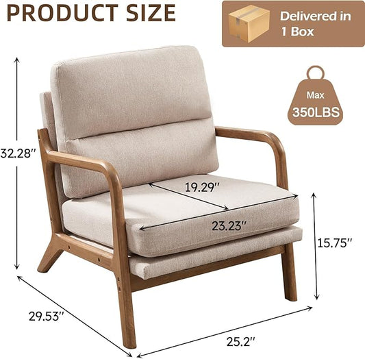 Mid Century Modern Accent Chair Set of 2, Linen Fabric Upholstered Lounge Arm Chair with Solid Wood Frame and Soft Cushion for Living Room, Bedroom, Balcony (1, Beige)