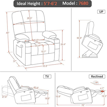 MCombo Large Dual Motor Power Lift Recliner Chair for Elderly, Massage and Heat, Lay Flat, Zero Gravity, Home Button, USB Port, Faux Leather 7680 (Cream White, Large)