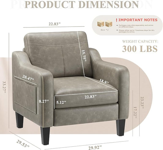 PU Leather Accent Chair Set of 2, Mid-Century Modern Living Room Armchair Sofa with Removable Cushions, Solid Wood Frame & Stitched Armrest Design, Bedroom Chair with Plastic Legs, Grey