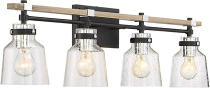 Possini Euro Design Broadway Modern Industrial Wall Light Black Painted Faux Wood Hardwired 32" 4-Light Fixture Clear Seedy Glass Shade for Bedroom Bedside Bathroom Vanity Living Room Hallway House