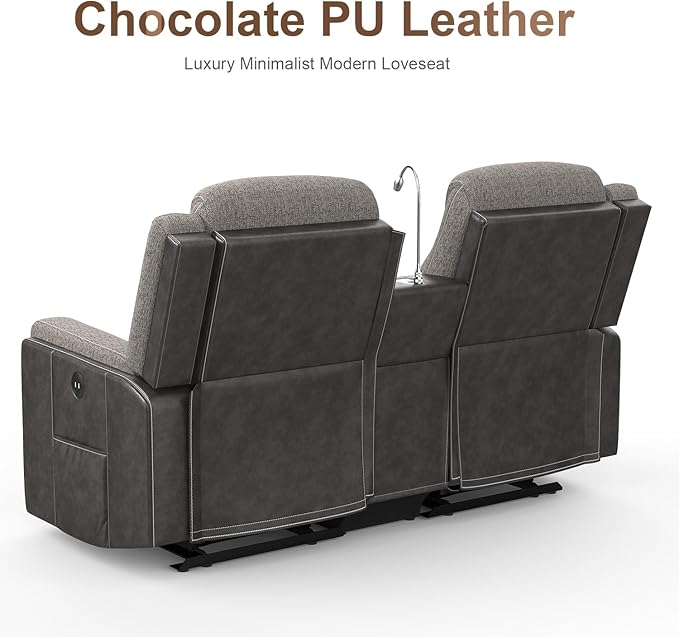 Loveseat Recliner Sofa Set, Manual Reclining Loveseat Sofa with Reading Light, Storage Console, Cup Holders, USB Ports, Grey Linen-Blend Fabric & PU Leather, Living Room Furniture Set