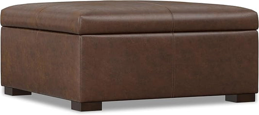 SIMPLIHOME Gabbie 36 inch Wide Contemporary Square Square Coffee Table Storage Ottoman in Distressed Chestnut Brown Vegan Faux Leather, Assembled, for The Living Room, Entryway and Family Room
