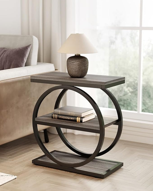 LITTLE TREE End Table Set 2, Side Table with 3 Tiers Shelves, Slim Sofa Side Table for Living Room, Tall Bedside Table Nightstand for Bedroom, Grey and Black