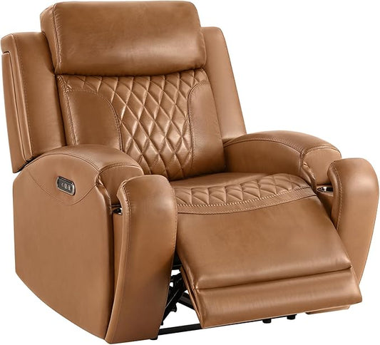 CHITA Genuine Leather Recliner Chair for Adults with Adjustable Power Headrest, Lay Flat Power Recliner with Slide-Out Cupholders & USB/Type-C Ports, Living Room Chair, Saddle