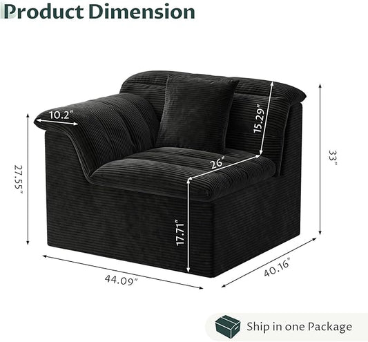 44" Cloud Sectional Couch with Single Arm, Modern Compressed Sofa, Comfy Sleeper Sofa, Corduroy Upholstered Couches for Small Space, Apartment, No Assembly Required, Black, Left Side