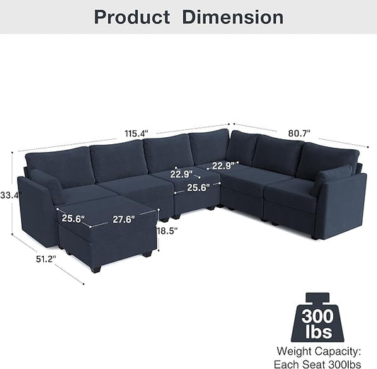 Modular Sectional Sofa Couches, Large Convertible Modular Couches With Storage, 7-Seater Sectional Sofa For Living Room, U Shaped Sectional Couch Sleeper Sofa With Chaise (BlueGrey, 7 Seats)