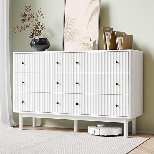 RECCI Fluted 6 Drawers Dresser for Bedroom, 54" Wide Chest of Drawers with 3D Fluted Panel, Faux Marble Top, Solid Wooden Legs, Storage Drawers, TV Stand, Closet Chests for Bedroom, White