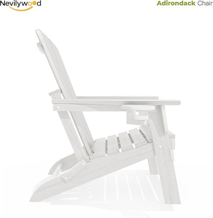 nevilywood Folding Adirondack Chair - Extended Ergonomic Backrest, Cup Holder - Easy Assembly - Durable HDPE Plastic, Weather Resistant & Maintenance-Free - Lawn, Patio, Deck Supports 380lbs White