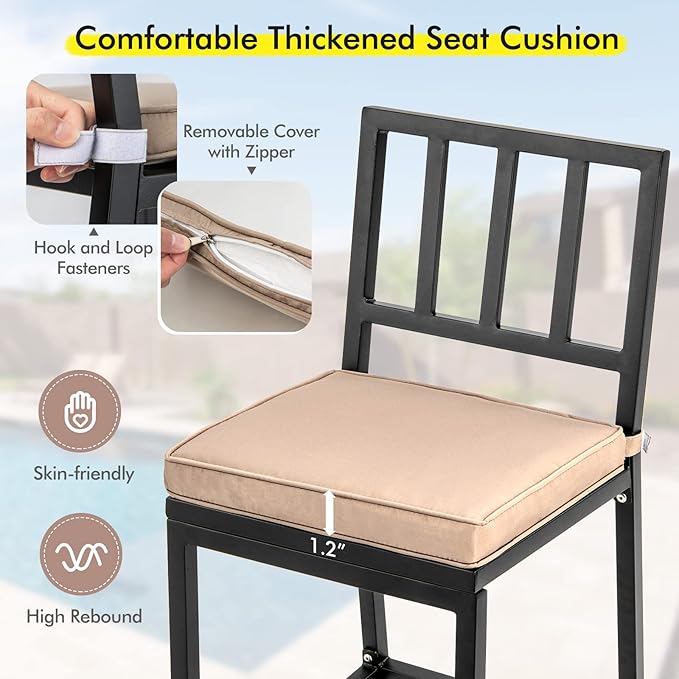 COSTWAY 4 PCS Patio Bar Chairs, Heavy-Duty Metal Frame Bar Stools, Indoor Outdoor All-Weather Resistant Barstools with Detachable Cushion & Footrest, for Patio, Garden, Poolside (4)