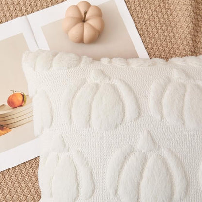 Kevin Textile Fall Pillow Covers 20x20 Inch Set of 2 Soft Pumpkins Decorative Square Pillowcases Plush Autumn Faux Fur Cushions Harvest Gift for Couch Sofa Chair Bedroom Home Decor, Cream White