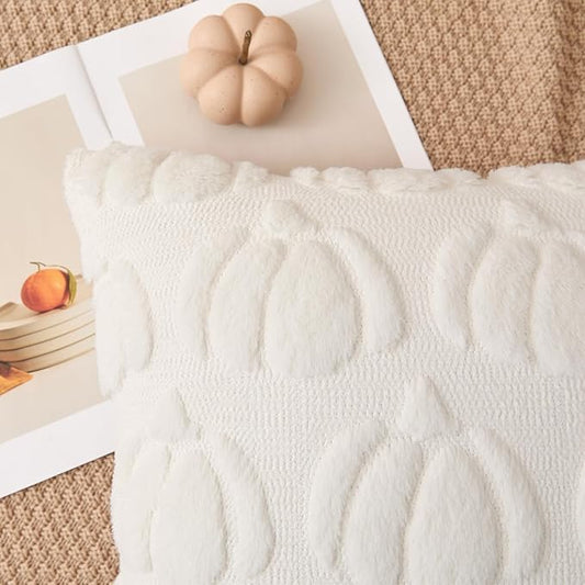 Kevin Textile Fall Pillow Covers 20x20 Inch Set of 2 Soft Pumpkins Decorative Square Pillowcases Plush Autumn Faux Fur Cushions Harvest Gift for Couch Sofa Chair Bedroom Home Decor, Cream White