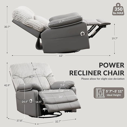 Power Swivel Rocker Recliner Chair with Massage and Heat for Adults, Electric Infinite Position Recliner with USB Charging Port, Corduroy and PU Leather Mixed Fabric, Easy Assembly (Grey)