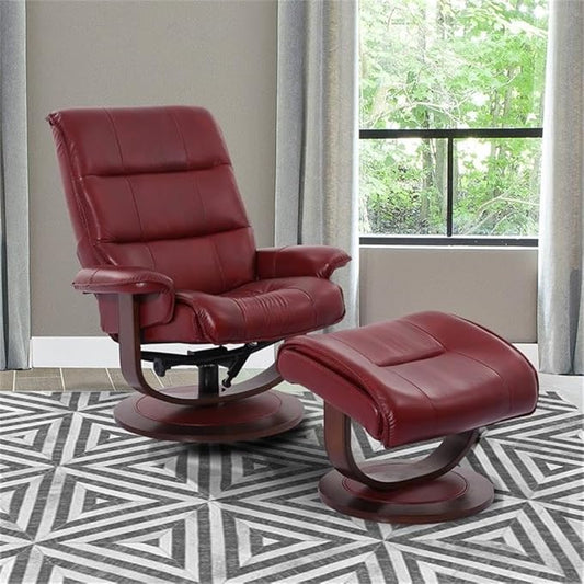 Pemberly Row Stressless Recliner with Ottoman in Red Leather, Manual Swivel Recliner Chair for Living Room Comfort