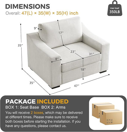 ELUCHANG 47" W Oversized Accent Chair Set of 2, Linen Fabric Modern Armchair, Washable Covers, Comfy Upholstered Large Chair Armchair Sofa Chair Reading Chair for Living Room Bedroom Office, Ivory