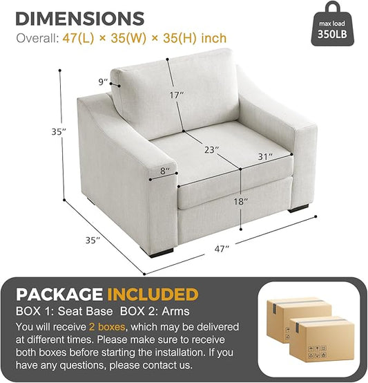 ELUCHANG 47" Oversized Accent Chair, Linen Fabric Modern Lounge Chair with Deep Seat, Washable Cover, Comfy Upholstered Large Sofa Armchair Reading Chair for Living Room, Bedroom, Office, Ivory