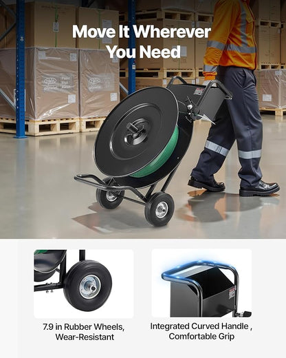 VEVOR Banding Strapping Cart, Fit for PET/PP/Steel Strapping Coils with 8 or 16 inches Core Size, Heavy Duty Strapping Dispenser Equipped with Upgrade Drum Brake, Built-in Spacious Tray for Tools