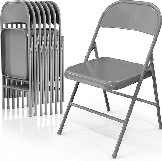 VINGLI Folding Chairs All Steel Metal Frame, Capacity 350 lbs, Durable Portable and Versatile for Indoor Outdoor Use, Gray, Set of 8