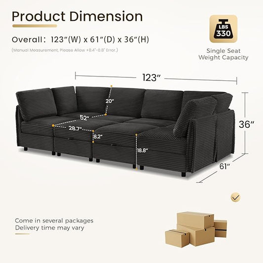 KKL Modular Sectional Sofa Bed with Storage Ottoman, Convertible L/U/J-Shaped Sleeper Couch Plush Wide-Wale Corduroy for Living Room, Apartment, Modern Design, Black