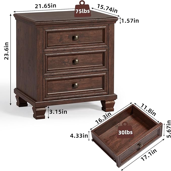 Farmhouse Nightstand Set of 2, Rustic Couch End Table with 3 Drawers & 4 Square Solid Wood Legs, Vintage Bed Side Table with Storage, Small Dresser for Bedroom, Living Room, Walnut