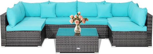 Tangkula 7 Pieces Patio Furniture Set, Patiojoy All-Weather Outdoor Rattan Sectional Sofa Set with Cushions and Tempered Glass Coffee Table, for Garden, Lawn, Backyard (Turquoise)