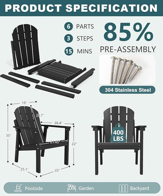Adirondack Chair Set of 2, All Weather HDPE Fire Pit Chairs, Oversized Plastic Adirondack Chair for Outdoor, Balcony, Deck, Backyard, Patio, Garden, Poolside, Lawn Black
