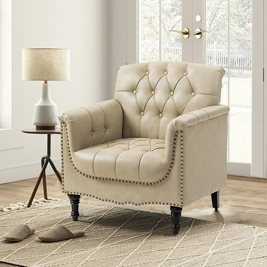 Faux Leather Accent Chair, PU Leather Modern Comfy Upholstered Armchair with Wood Legs & Nailhead Trim for Living Room, Bedroom (Beige,Set of 1)