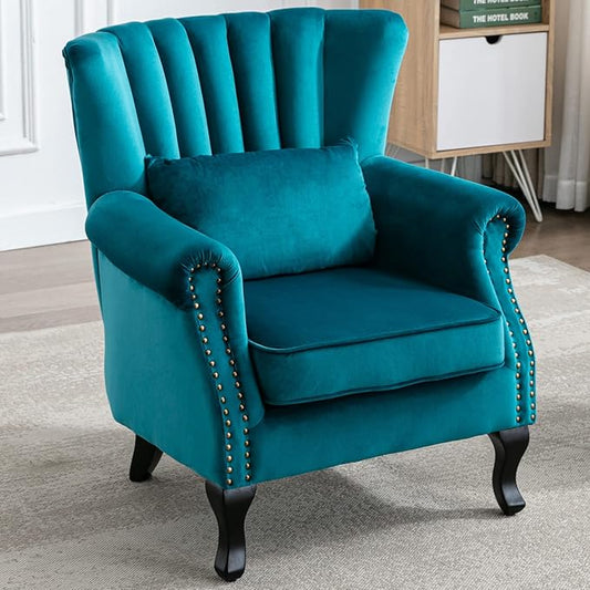 Accent Reading Arm Chairs Midcentury Modern Comfy Corner Sofa Chair, Wingback Waiting Room Club Chair with Tufted Back for Living Room/Bedroom/Reception Room, Velvet Teal