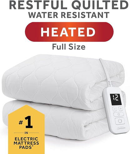 Sunbeam Restful Quilted Water Resistant Heated Mattress Pad - Full White